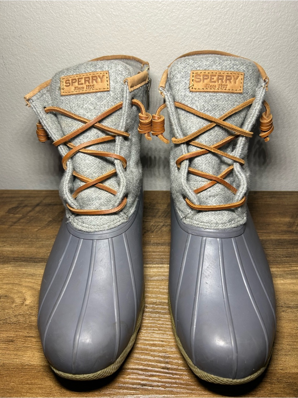 Sperry Gray Duck Boots with Tan Leather Trim - Women's Winter Rain Boots